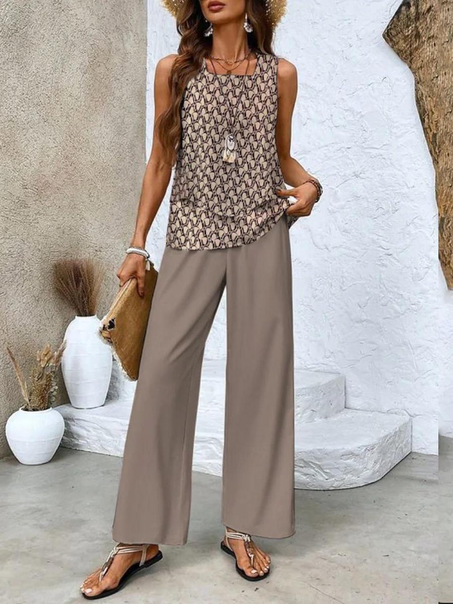 Geometric patterned sleeveless tank with taupe wide-leg pants