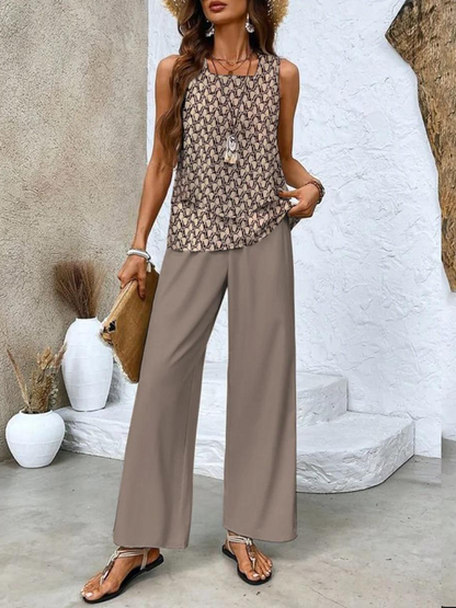 Geometric patterned sleeveless tank with taupe wide-leg pants