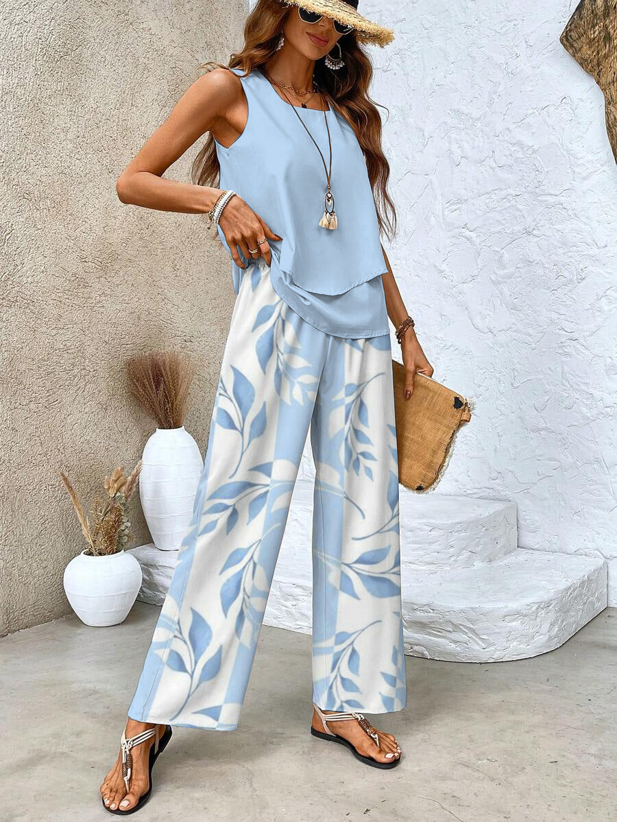 Light blue tank with blue leaf print pants, back view showing layered silhouette