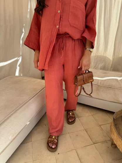 Coral linen pants with drawstring waist and oversized shirt