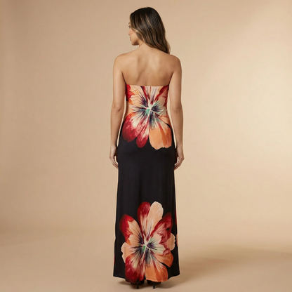 Black bandeau maxi evening dress with red and peach placement flowers back view