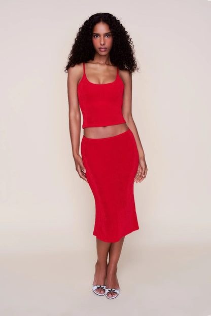 Full-length red ribbed two-piece midi set with crop top and fitted skirt