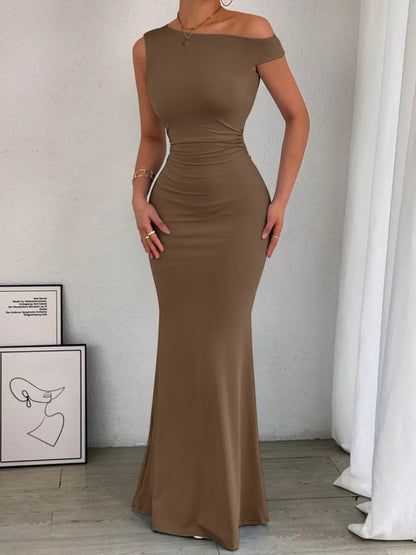 Taupe ruched maxi dress with cold-shoulder design and mermaid silhouette