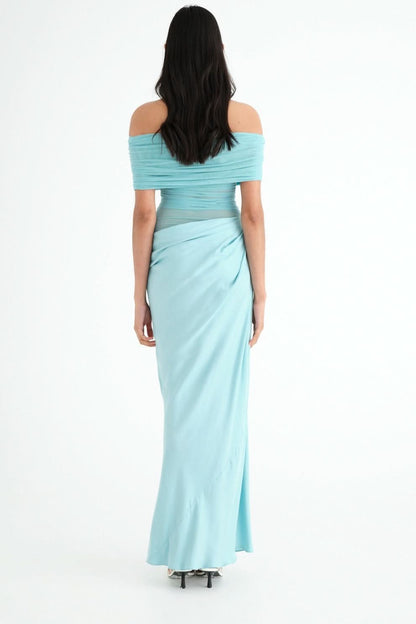 Turquoise off-shoulder ruched maxi dress back view