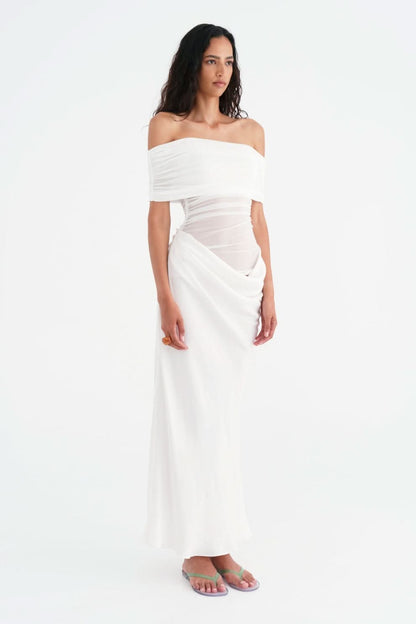 White off-shoulder ruched maxi dress side front view