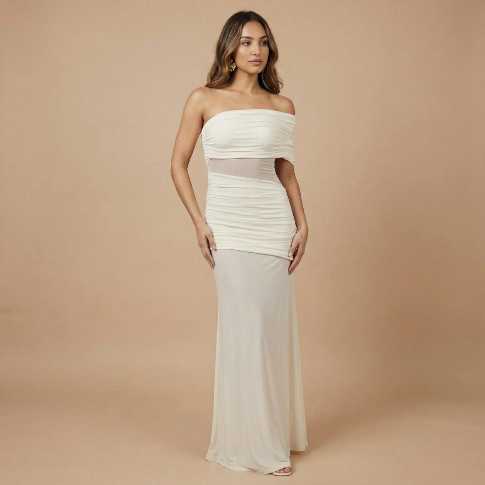 Cream off-shoulder ruched maxi dress with mesh waist cutout front view for women