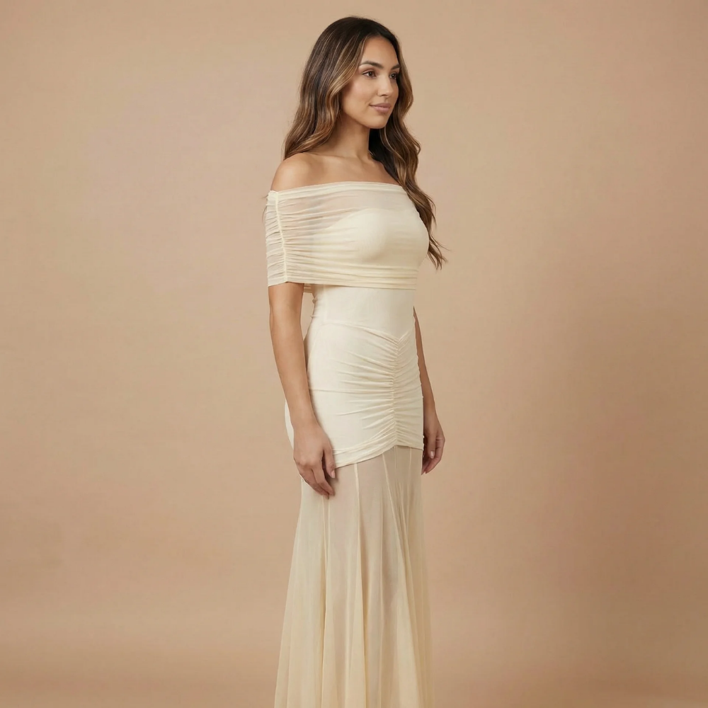 Ivory off-shoulder ruched maxi dress side profile with draped details