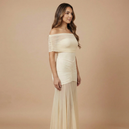 Ivory off-shoulder ruched maxi dress side profile with draped details