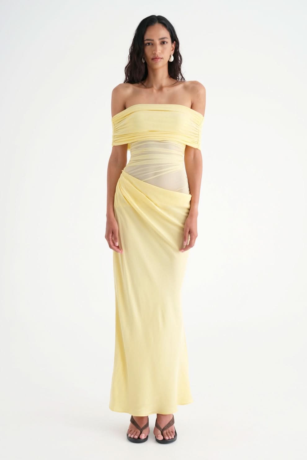 Yellow off-shoulder ruched maxi dress with draped side detail