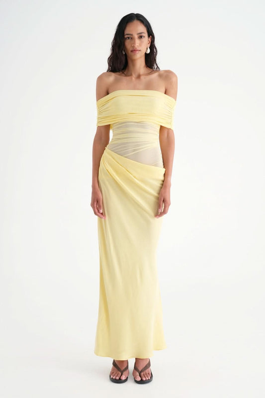 Yellow off-shoulder ruched maxi dress with draped side detail