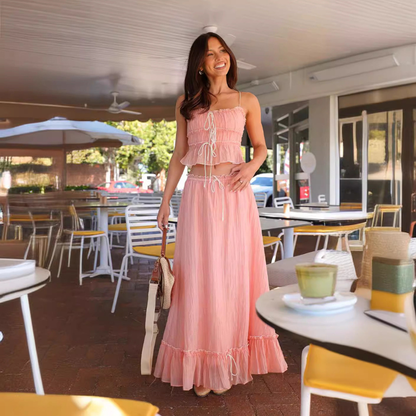 Pink pleated ruffle maxi set with cropped camisole top and long skirt