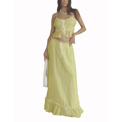 Yellow ruffle maxi set with ruffled crop top and maxi skirt