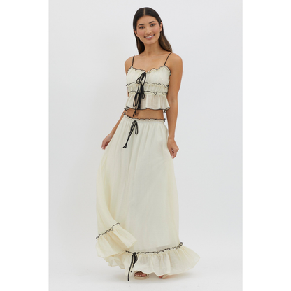 Cream ruffle maxi set with tiered crop top and long skirt front