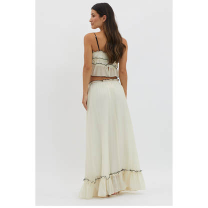 Cream ruffle maxi set back view showing tiered ruffles and crop top