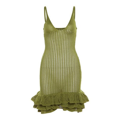 Olive green knit ruffle mini dress flat lay with textured weave