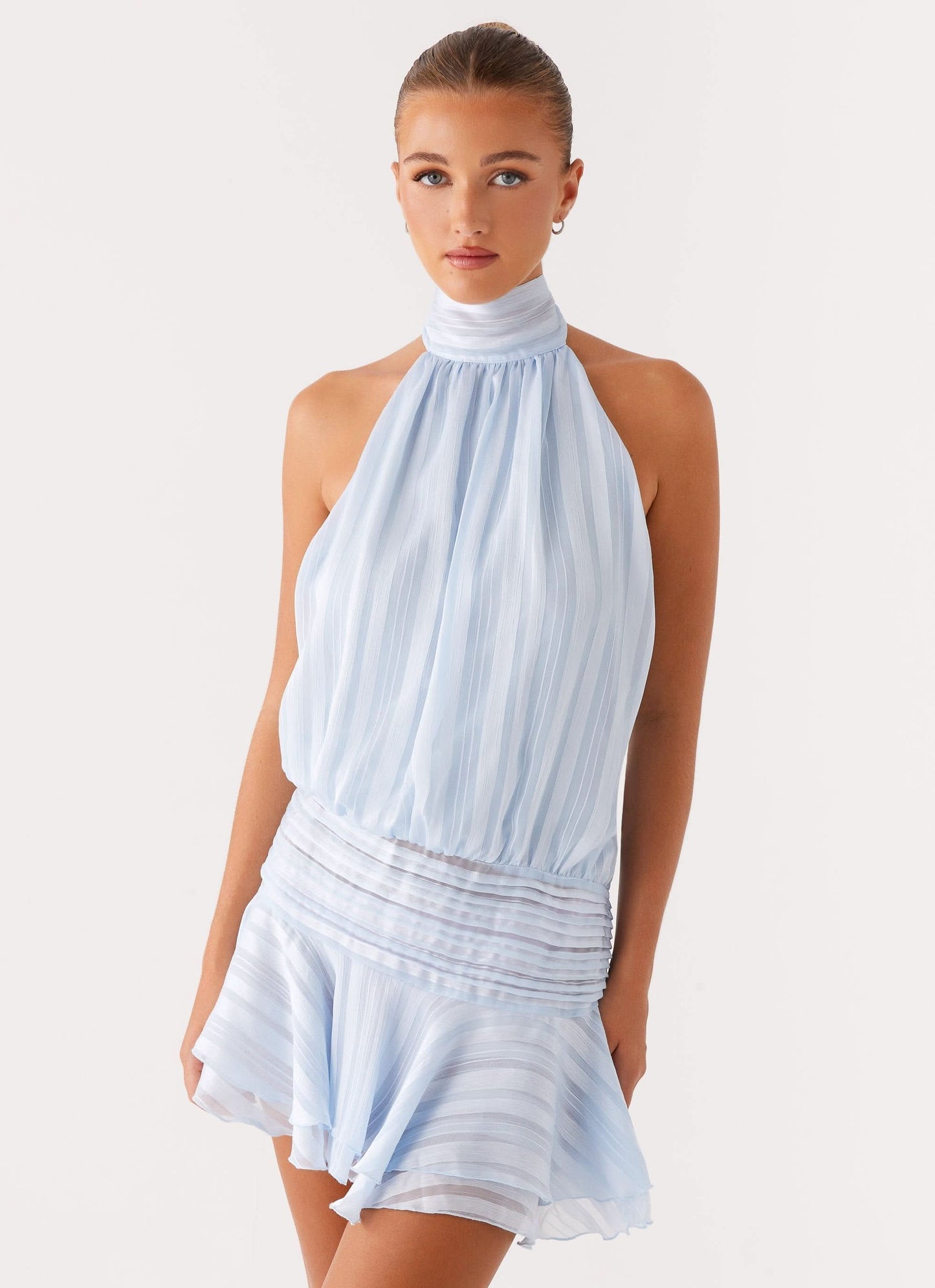 Light blue pleated halter mini dress front detail showing gathered bodice