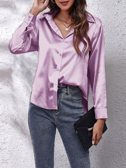 Lavender satin collared top with long sleeves and button details
