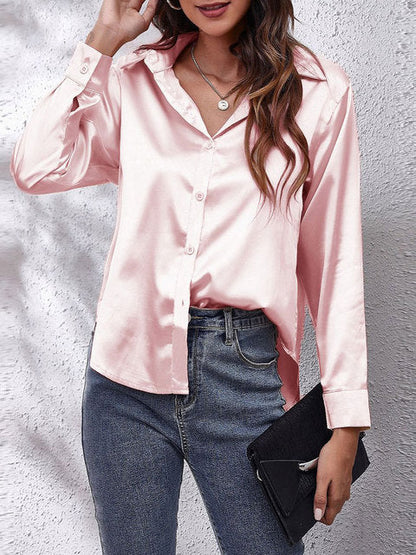 Blush pink satin collared top with button front and long sleeves