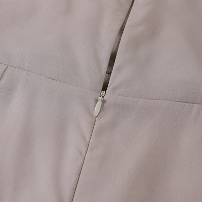 Beige wrap maxi dress back zipper closure with metal pull