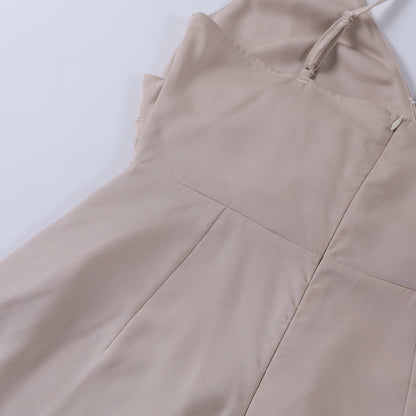 Beige wrap maxi dress bodice with pleated waist and back seams