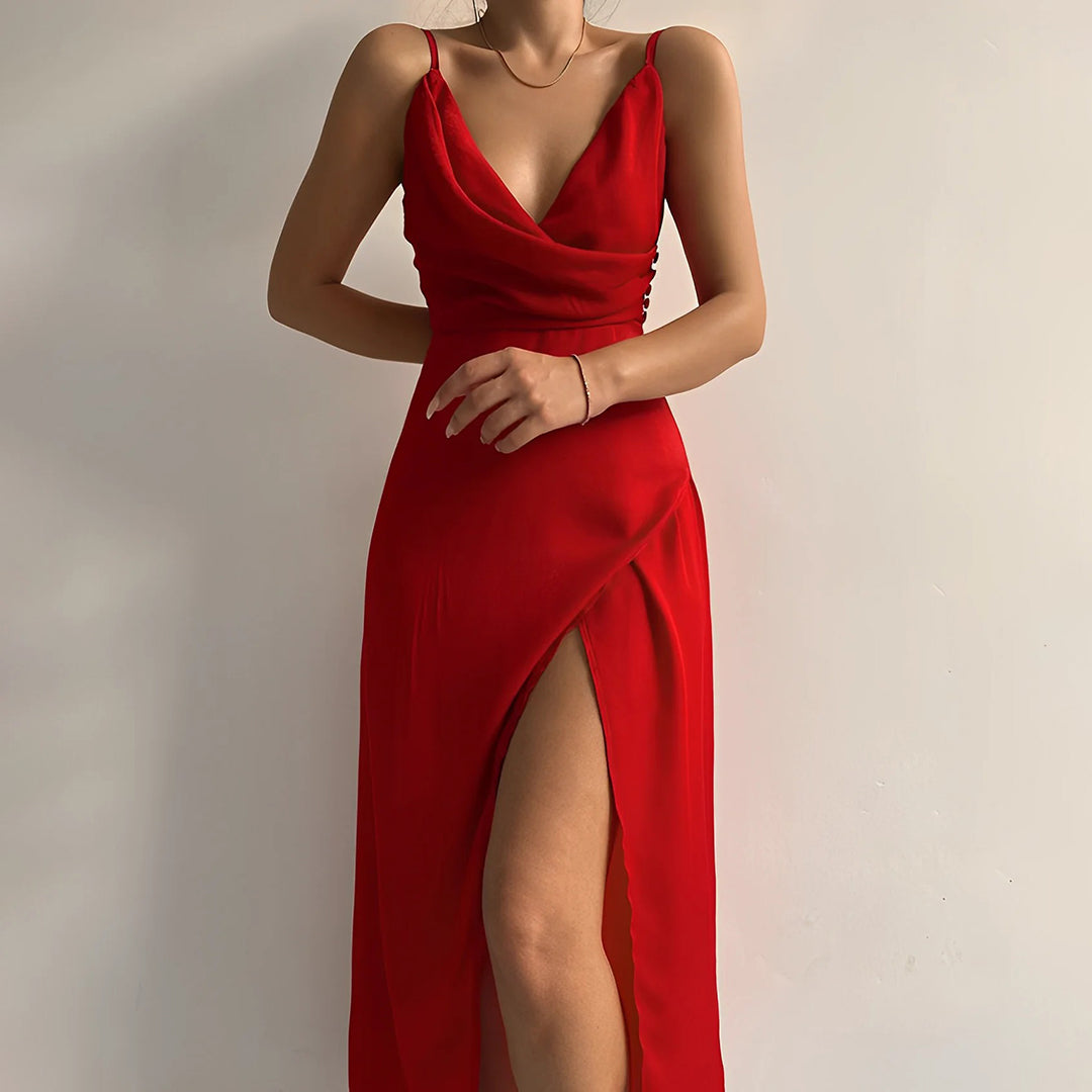 Red wrap maxi dress with adjustable side tie and high slit