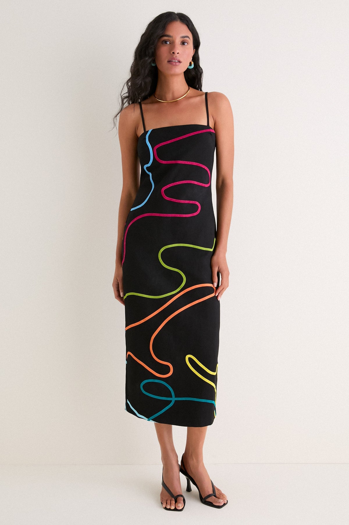 Sivan Swirl Embroidered Linen Midi Dress - Black Rainbow Swirl