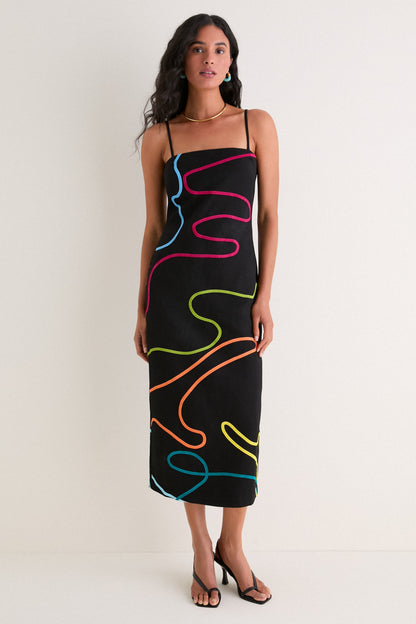 Sivan Swirl Embroidered Linen Midi Dress - Black Rainbow Swirl