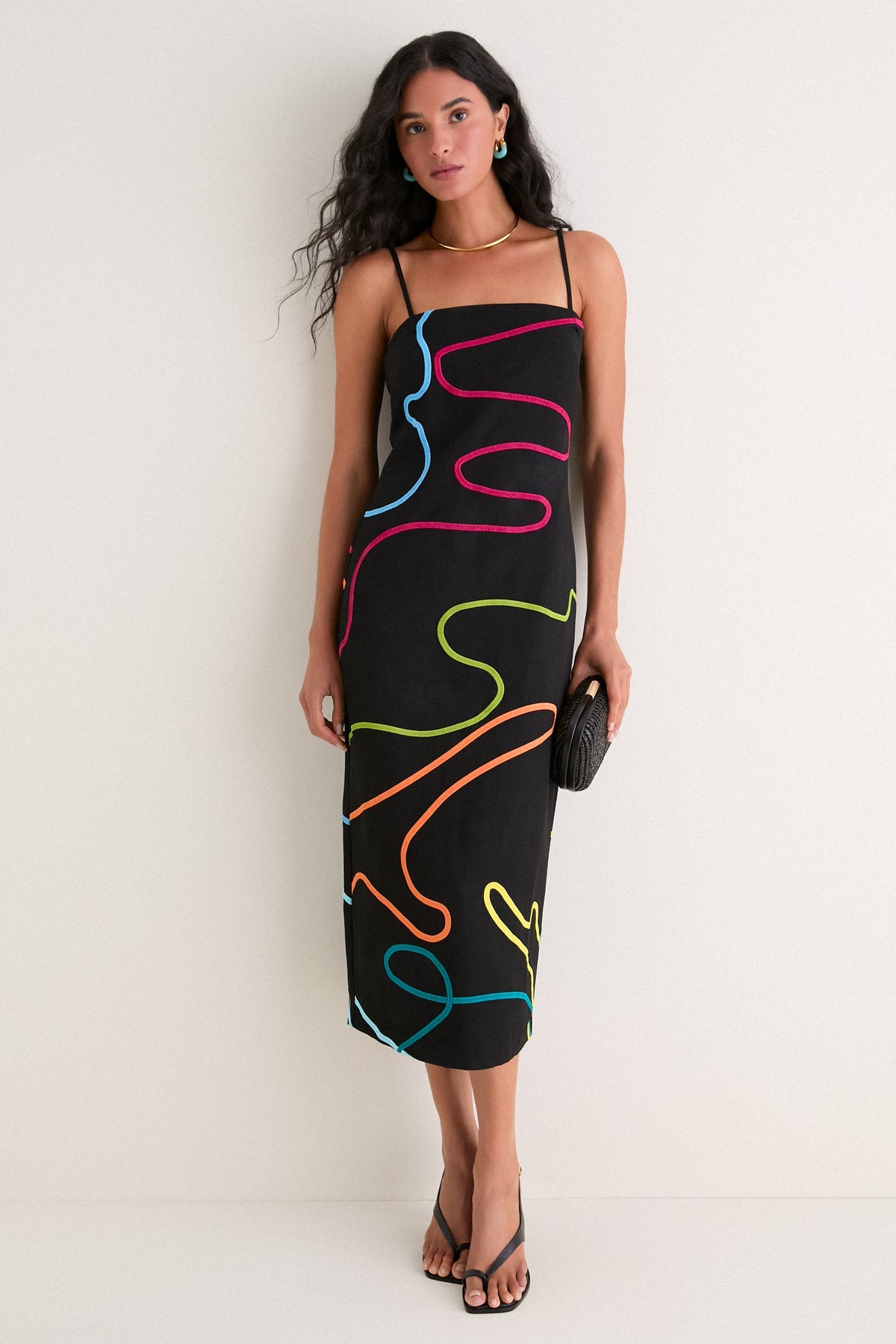 Sivan Swirl Embroidered Linen Midi Dress - Black Rainbow Swirl