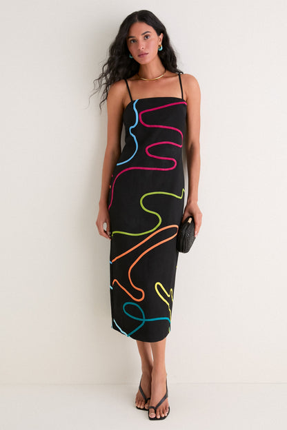 Sivan Swirl Embroidered Linen Midi Dress - Black Rainbow Swirl