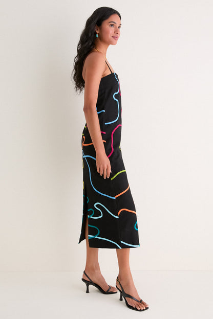 Sivan Swirl Embroidered Linen Midi Dress - Black Rainbow Swirl