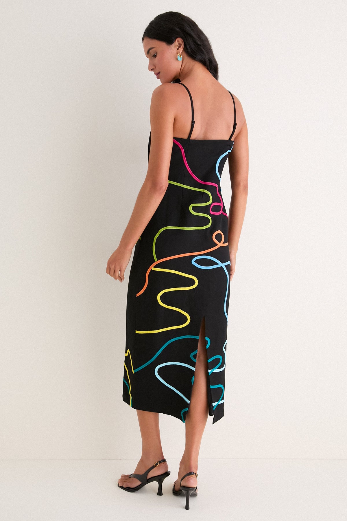 Sivan Swirl Embroidered Linen Midi Dress - Black Rainbow Swirl