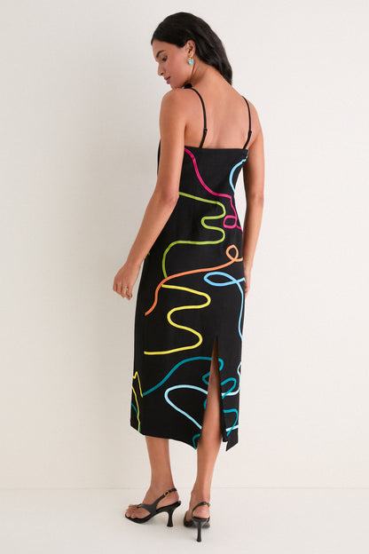 Sivan Swirl Embroidered Linen Midi Dress - Black Rainbow Swirl