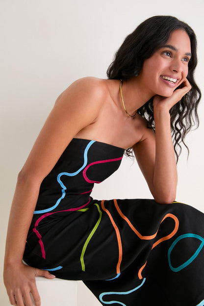 Sivan Swirl Embroidered Linen Midi Dress - Black Rainbow Swirl
