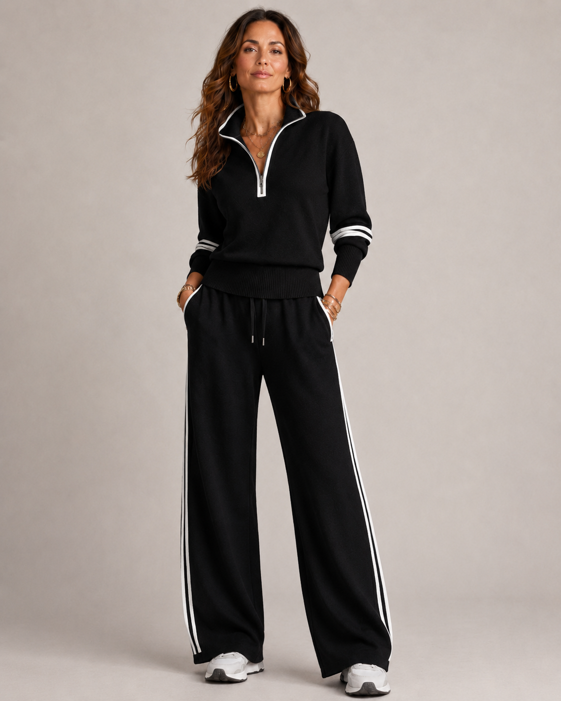 Skye Quarter-Zip Striped Trouser Set - Black
