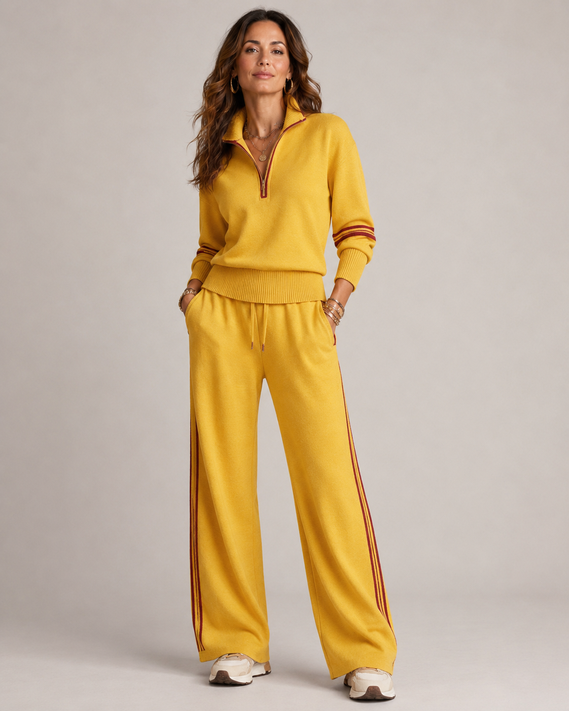 Skye Quarter-Zip Striped Trouser Set - Mustard Yellow