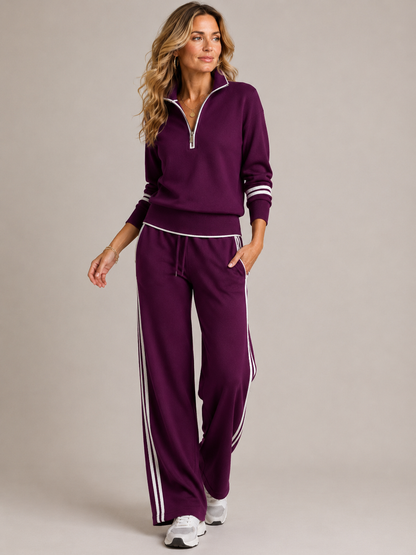 Skye Quarter-Zip Striped Trouser Set - Purple
