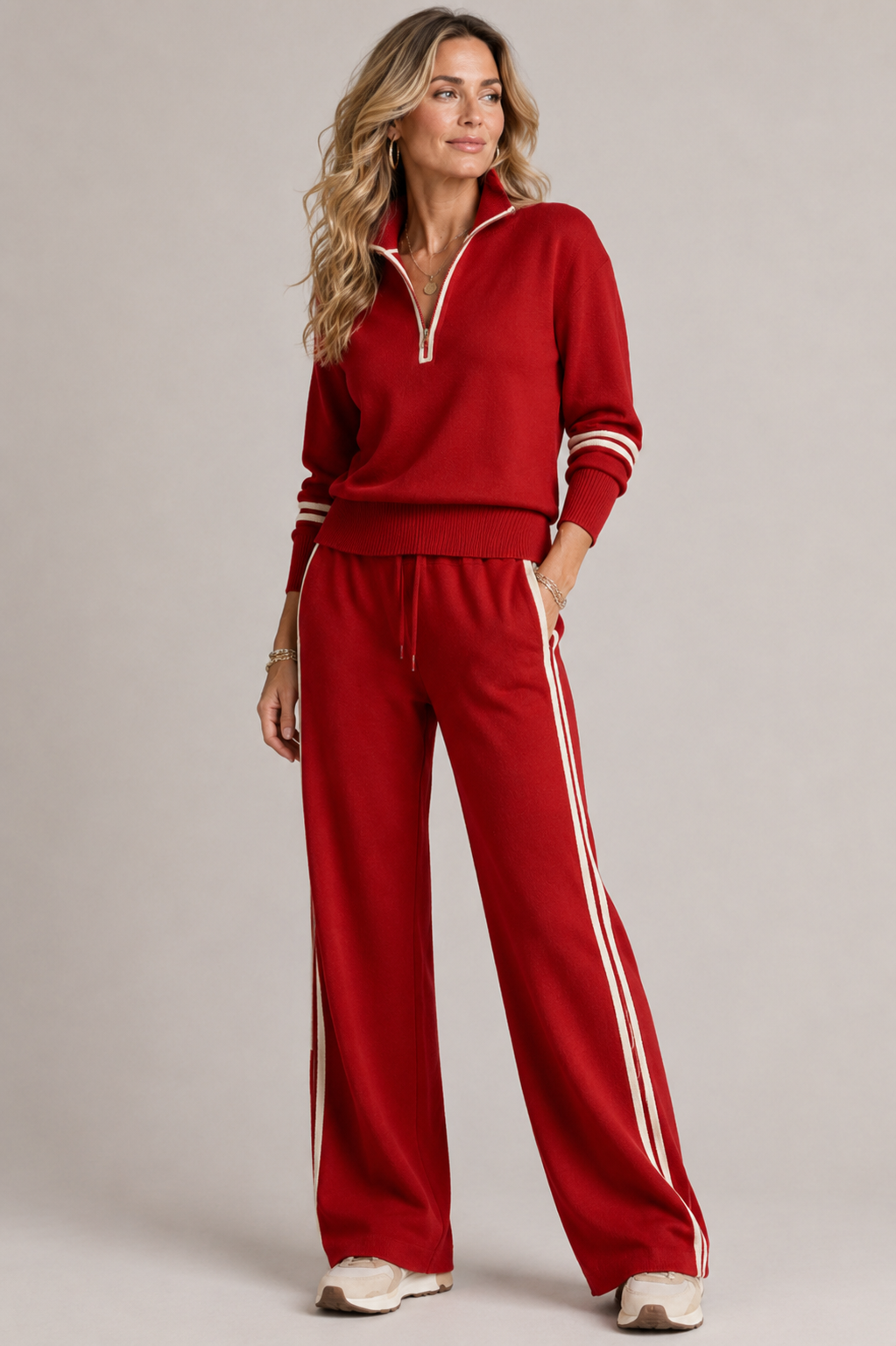Skye Quarter-Zip Striped Trouser Set - Red