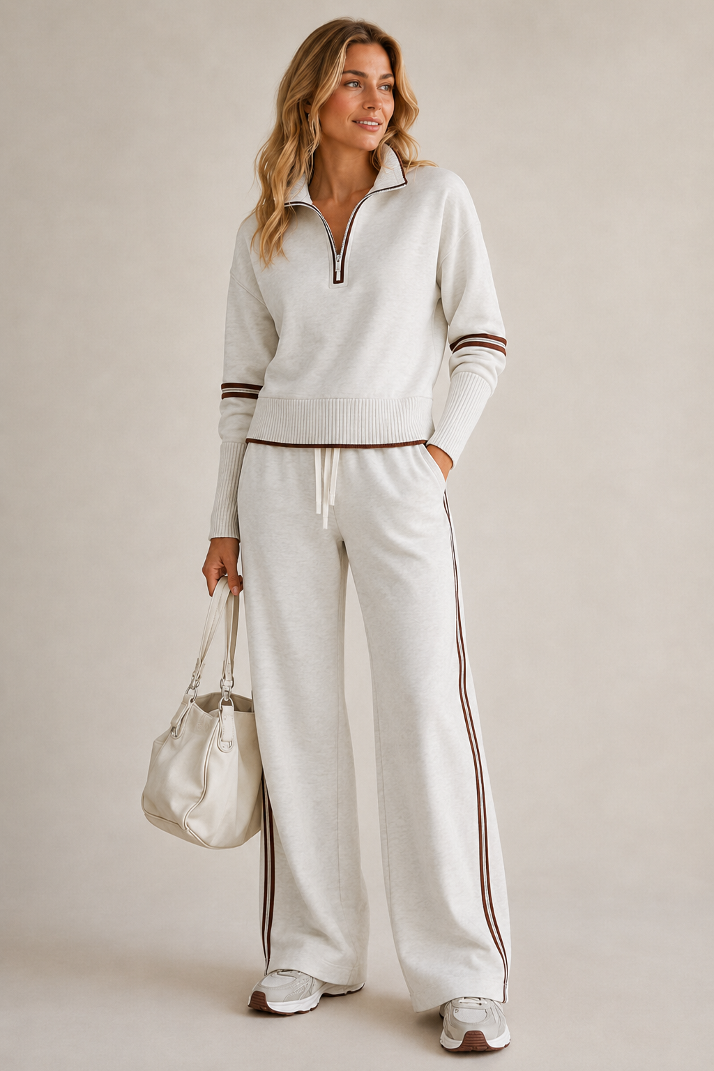 Skye Quarter-Zip Striped Trouser Set - White