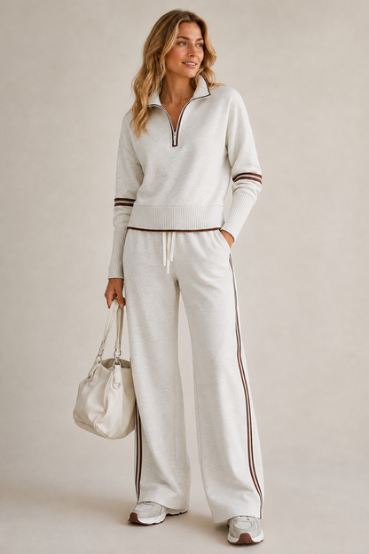Skye Quarter-Zip Striped Trouser Set - White