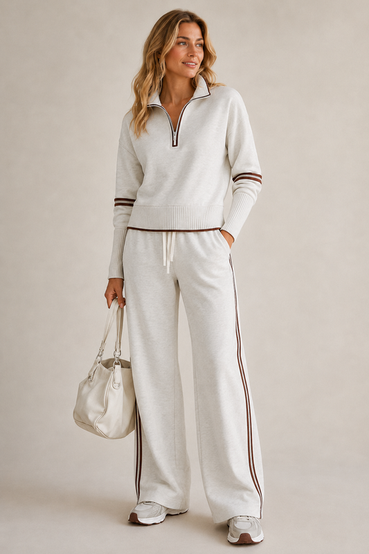 Skye Quarter-Zip Striped Trouser Set - White