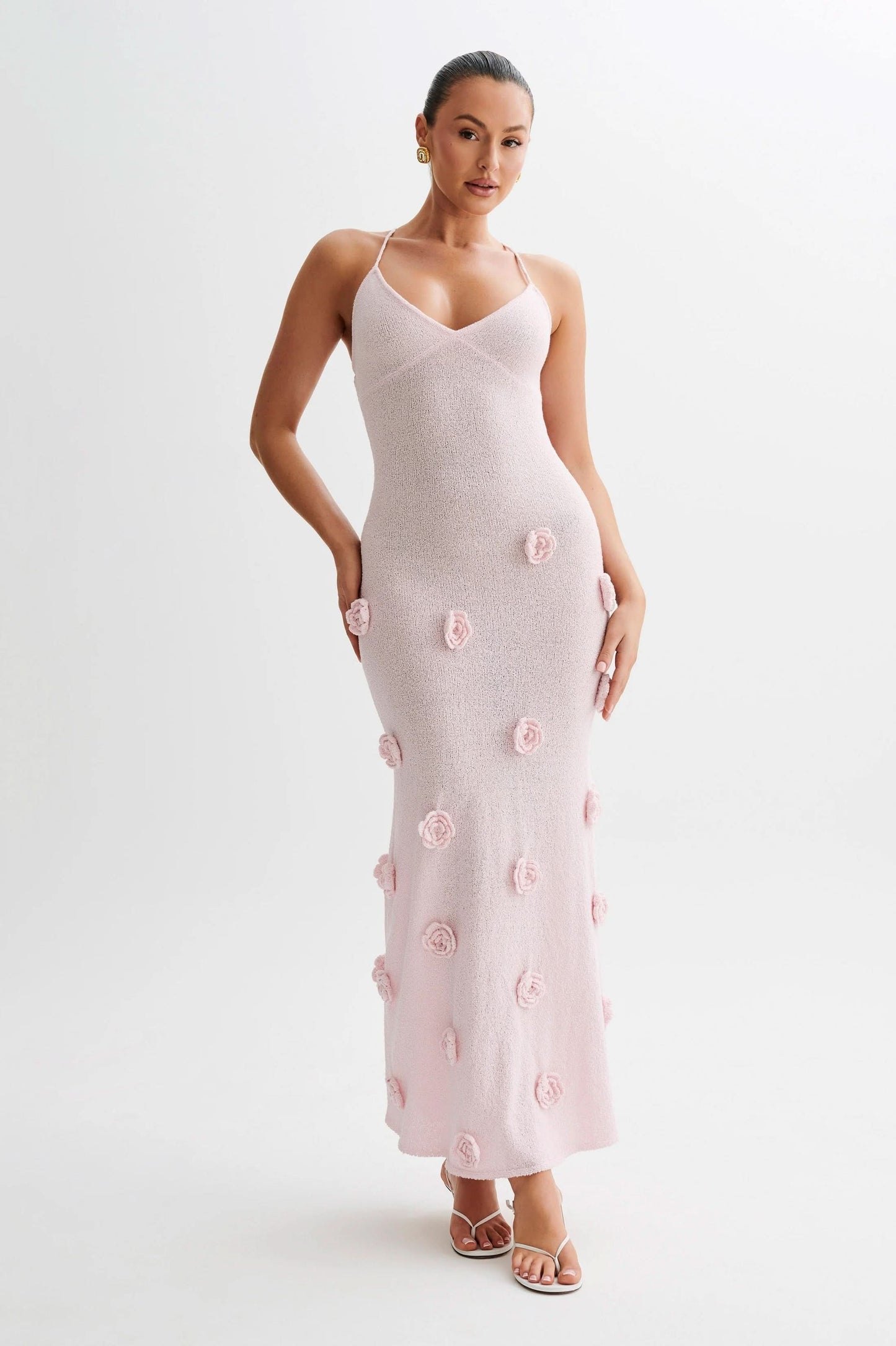 Pink floral maxi dress with 3D rose appliqués and halter neckline