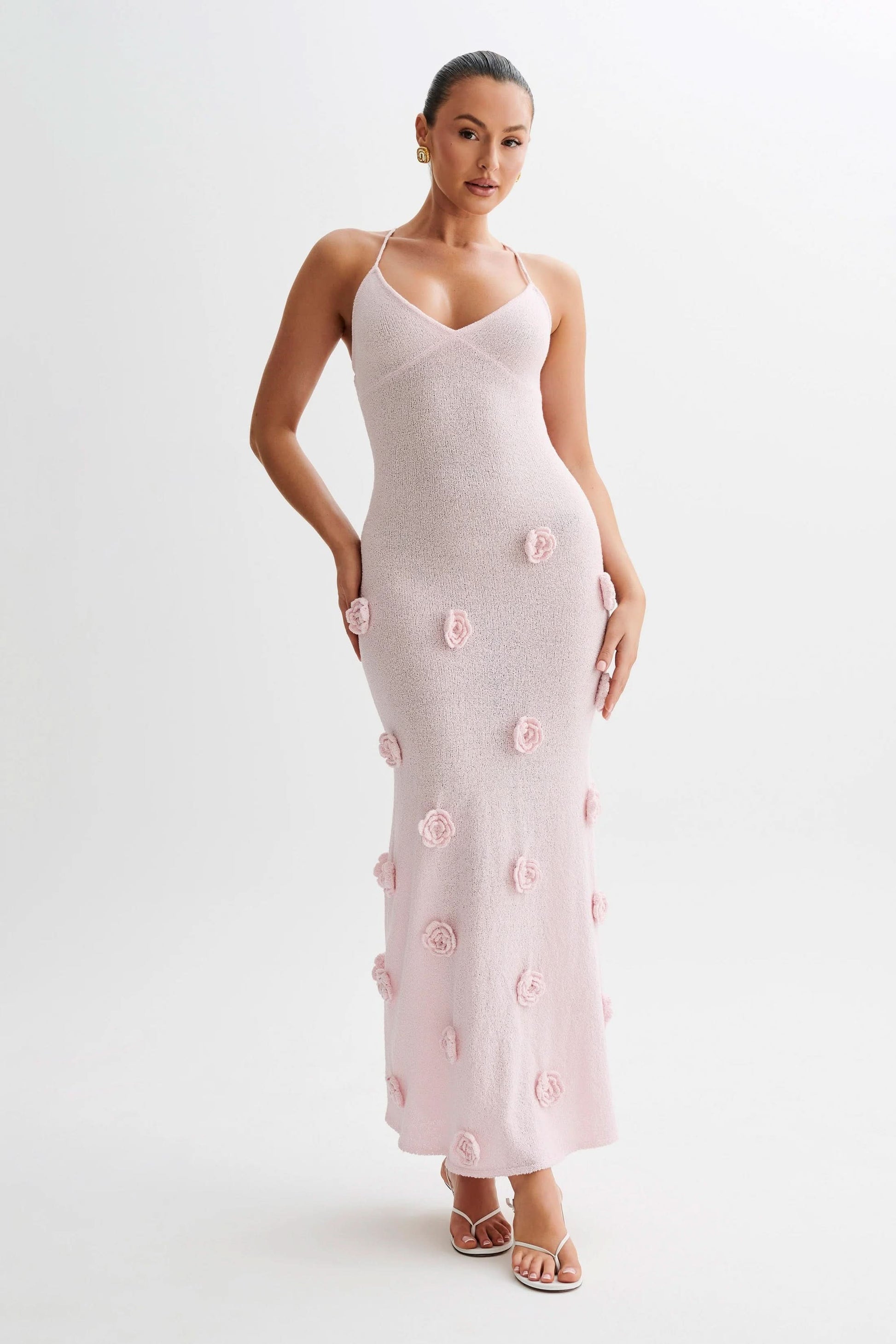Pink floral maxi dress with 3D rose appliqués and halter neckline