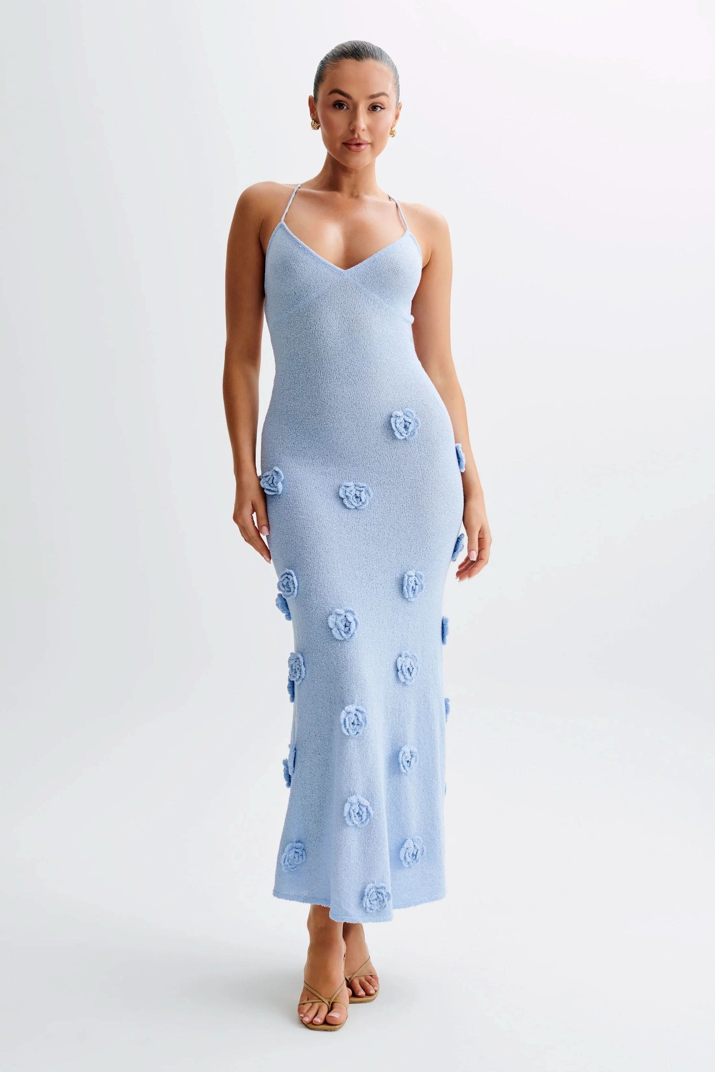 Light blue floral maxi dress with 3D rose appliqués