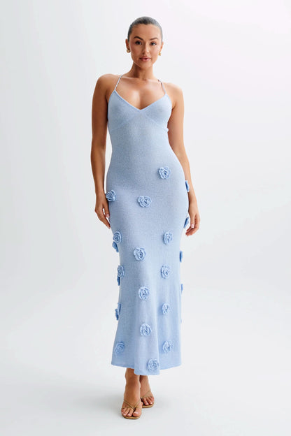 Light blue floral maxi dress with 3D rose appliqués