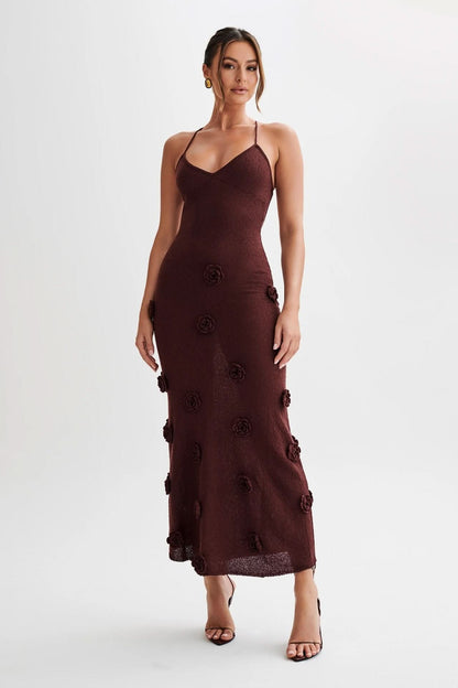 Burgundy floral maxi dress with textured rose appliqués
