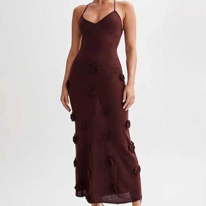 Burgundy knit maxi dress with dimensional floral rose details