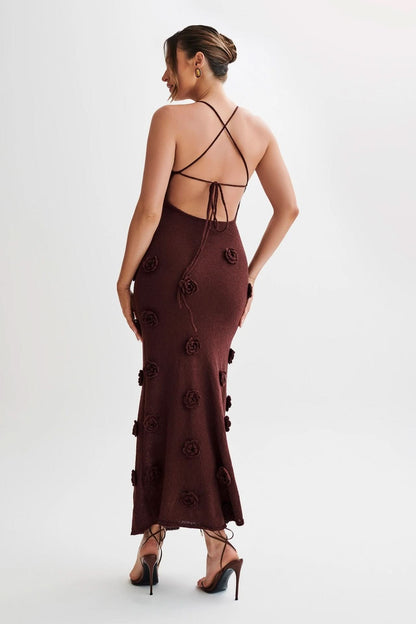 Burgundy floral maxi dress with open back and 3D rose appliqués, back view