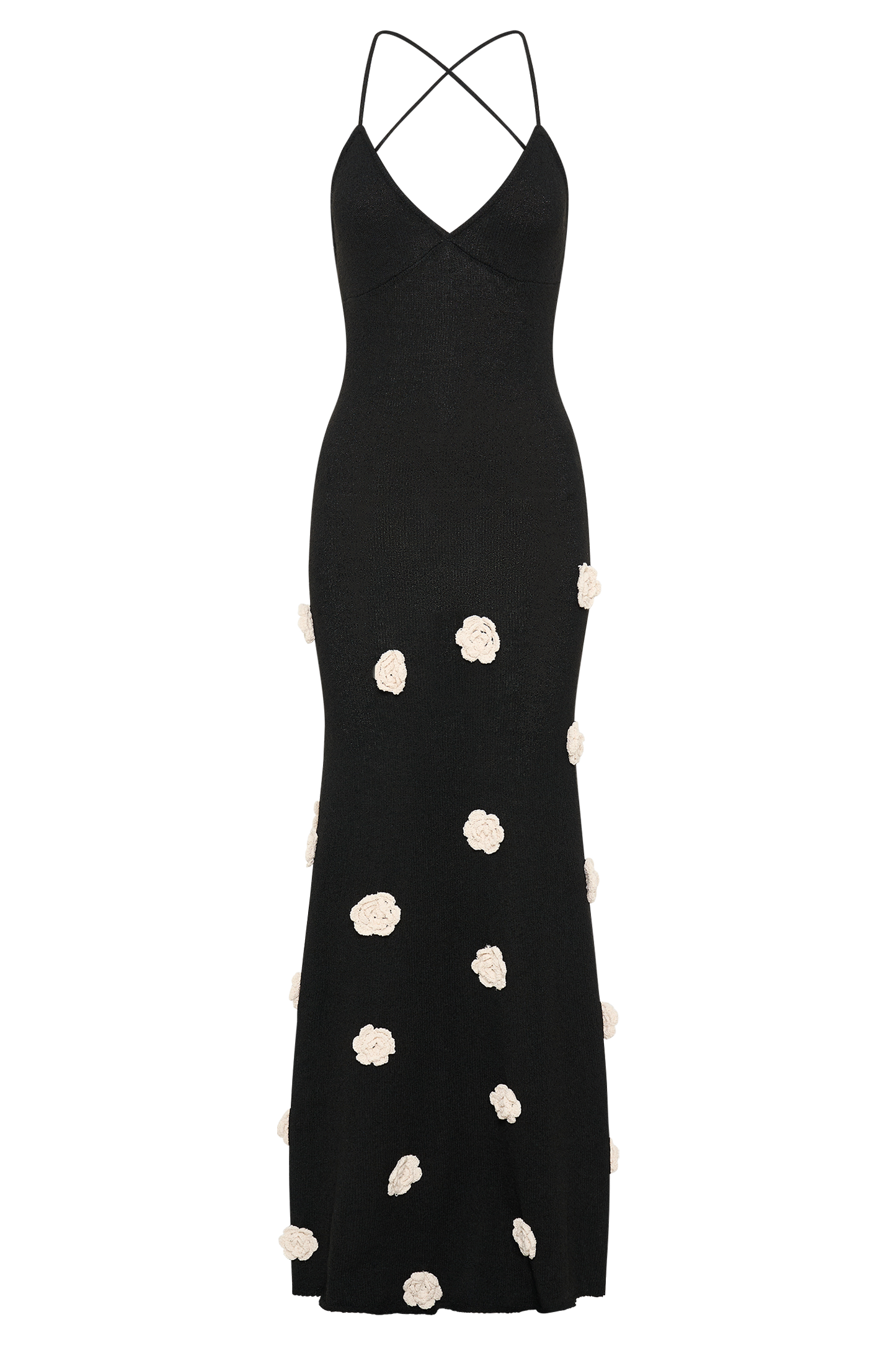 Black maxi dress with cream floral motifs, full-length flat lay