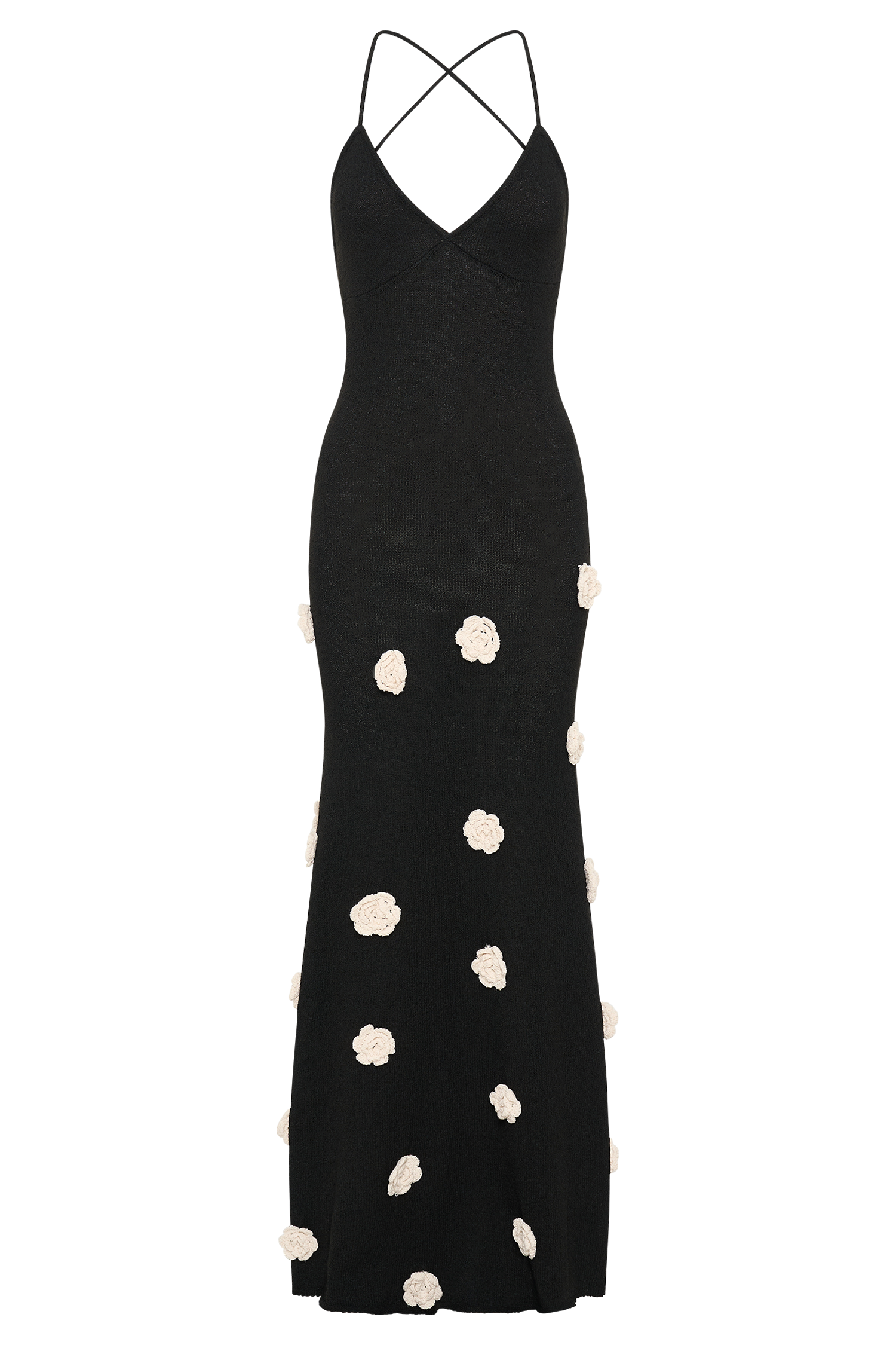 Black maxi dress with cream floral motifs, full-length flat lay