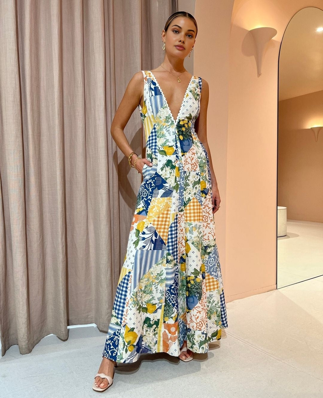 Women's patchwork maxi dress with vibrant mixed prints and A-line silhouette